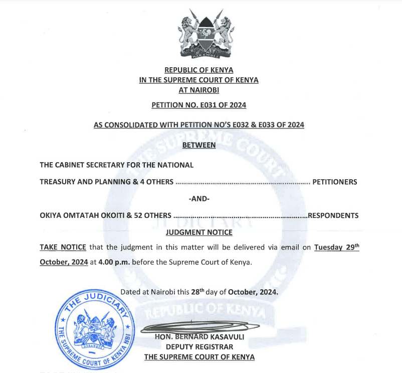 THE_SCOK's tweet photo. The Supreme Court will on Tuesday, 29 October, 2024 at 4:00pm deliver Judgment via email in Petition E031 of 2024 as consolidated with E032 and E033 of 2024,
Once delivered a link and a media summary will be uploaded on our Website https://t.co/iF3xnTakFe and on this handle. https://t.co/M56gZAmzbV