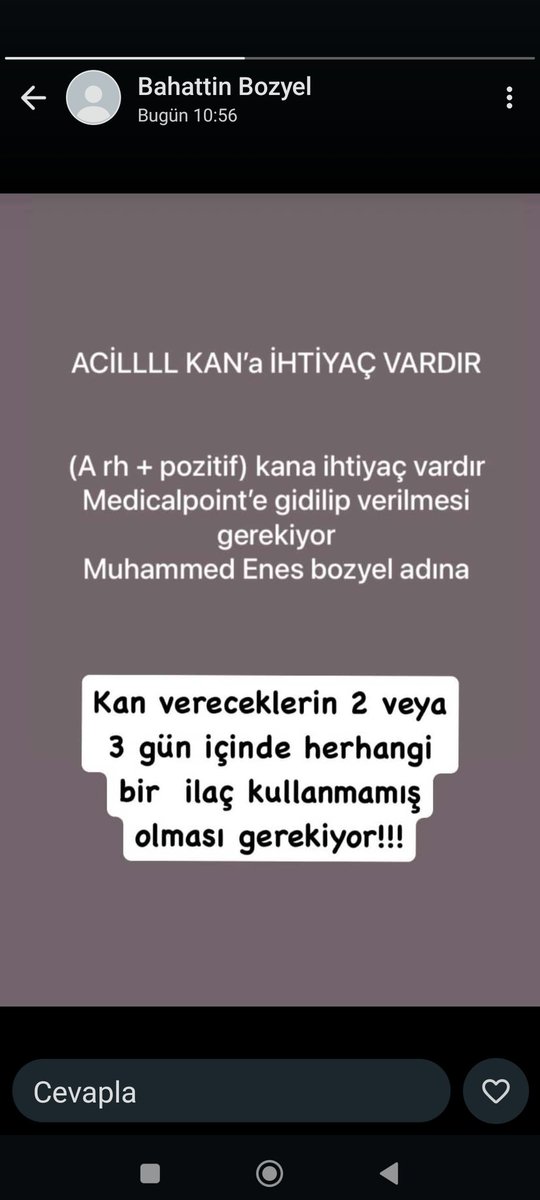 Bir arkadaşımızın çocuğu için acil kan lazım Gaziantep'te bulanan Medicalpoint'e gidip Muhammed Enes Bozyel adına kan verilmesi gerekmektedir. Lütfen bu konuda duyarlı arkadaşlardan acil yardım bekliyoruz.
<a href="/ultrAslan/">ultrAslan</a> 
<a href="/saglikbakanligi/">T.C. Sağlık Bakanlığı</a> 
<a href="/GalatasaraySK/">Galatasaray SK</a> 
<a href="/_vlknylmz/">Volkan Yılmaz</a> <a href="/ertemsener/">Ertem Şener</a>
