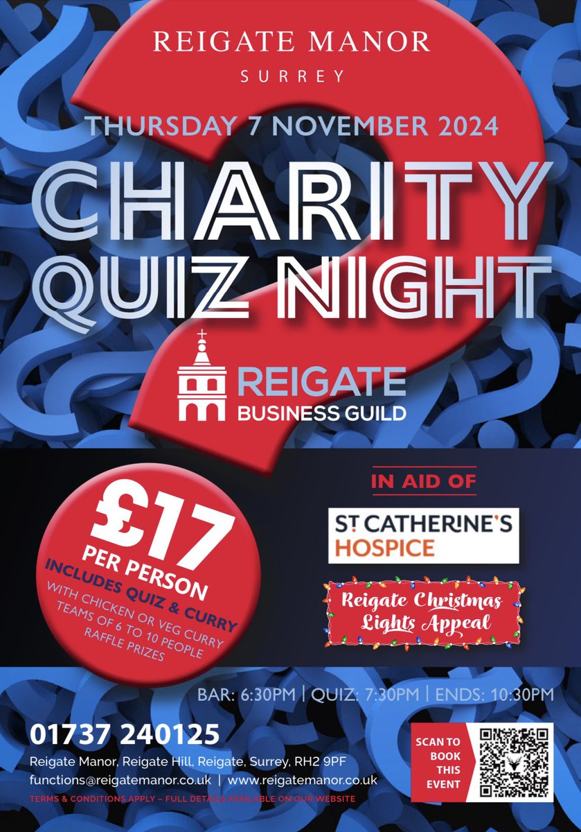Reigate Guild (@reigateguild) on Twitter photo In aid of <a href="/StCHospice/">St Catherine's Hospice</a> and the Reigate Christmas lights appeal๐
Our annual quiz night for members and non-members of the Reigate Business Guild.
Booking Link | reigatemanor.co.uk/event/rbg-quizโฆ In aid of <a href="/StCHospice/">St Catherine's Hospice</a> and the Reigate Christmas lights appeal๐
Our annual quiz night for members and non-members of the Reigate Business Guild.
Booking Link | reigatemanor.co.uk/event/rbg-quizโฆ
