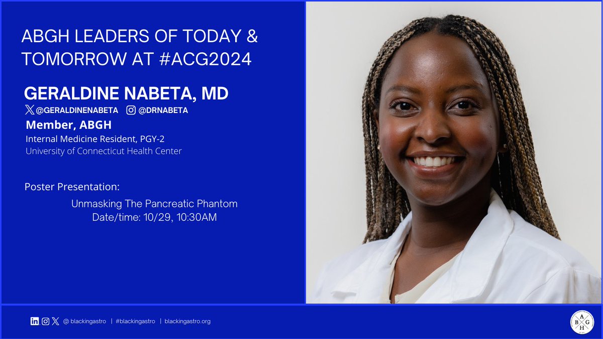 ABGH (@blackingastro) on Twitter photo Dr. <a href="/GeraldineNabeta/">geraldine, MSc MD</a> will be presenting her scholarship at @amcollegegastro! Be sure to catch her on 10/29! We’re so proud of our ABGH Leaders of Today & Tomorrow! Give it up for them, y’all! 👏🏾👏🏾👏🏾
#blackingastro at #ACG2024
#blackwomeninmedicime #diversityingi #meded Dr. <a href="/GeraldineNabeta/">geraldine, MSc MD</a> will be presenting her scholarship at @amcollegegastro! Be sure to catch her on 10/29! We’re so proud of our ABGH Leaders of Today & Tomorrow! Give it up for them, y’all! 👏🏾👏🏾👏🏾
#blackingastro at #ACG2024
#blackwomeninmedicime #diversityingi #meded