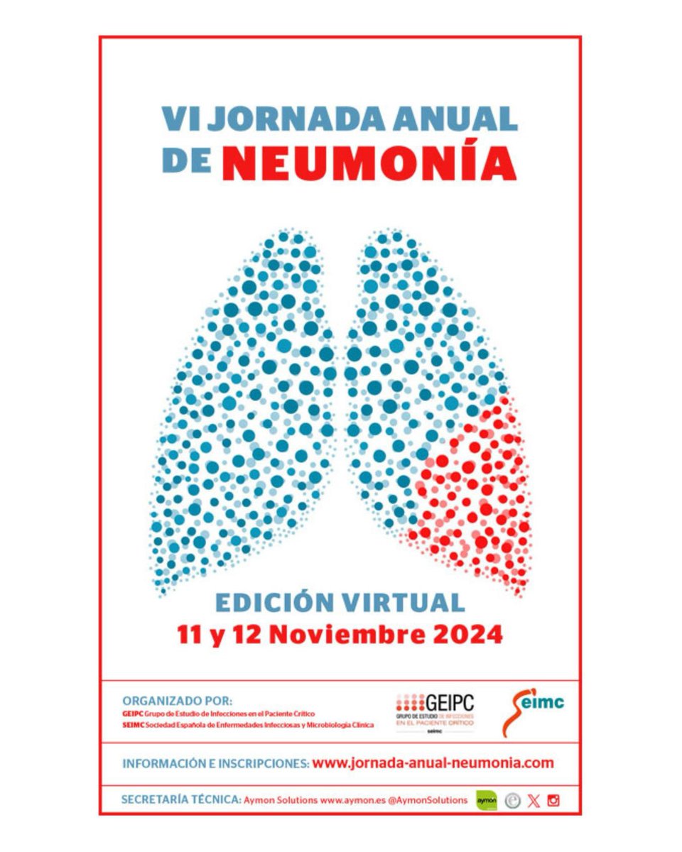 AymonSolutions's tweet photo. 🫁 VI Jornada Anual de Neumonía 🌍 Únete a nosotros los días 11 y 12 de noviembre, en formato virtual, para analizar los últimos avances en el manejo de la #Neumonía. Organizado por GEIPC-SEIMC. ¡Inscríbete ya! 👩‍⚕️👨‍⚕️
🔗 Más info: https://t.co/fmzC3HZBXb
@geipc @SEIMC_ https://t.co/hCpkSCKrXx