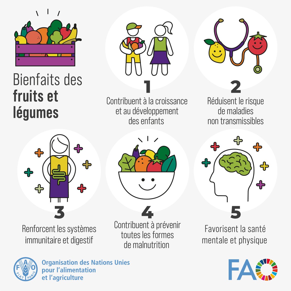 Saviez-vous que vous devriez essayer de manger au moins 5️⃣ portions ou 400 grammes de fruits et légumes chaque jour ? 🍏🍉🍅🥬🫑🍌

Voici 5️⃣ raisons pour lesquelles les fruits et légumes sont essentiels à notre santé et à notre bien-être !

#RégimesSains
