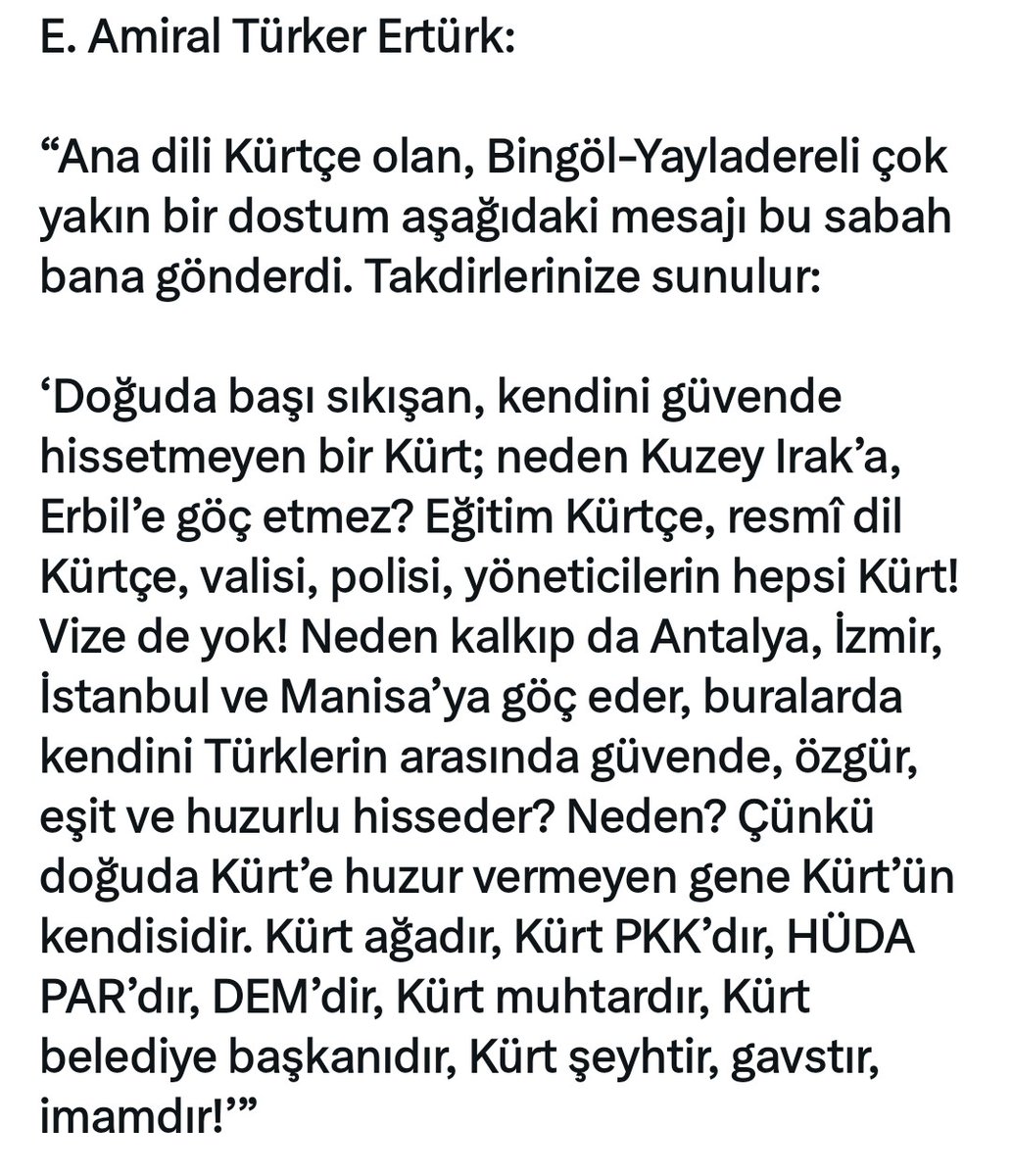 kosancaretta's tweet photo. @umitozdag @BartuSoral @eczozgurozel @zaferpartisi Kürt Vatandaşımız tarif etmiş çözüm yolunu. Memnun olmayanlar için çare gibi gözüküyor. Türkiye Cumhuriyeti Kimliğinden Rahatsız Olan Vatandaşlıktan çıkabilir. 
Kimse Mecbur değil sonuçta. 
👇👇👇 https://t.co/FMKYUdfqef