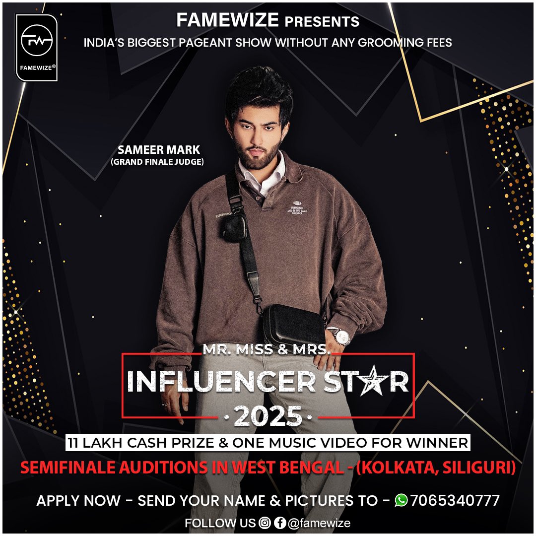 famewize's tweet photo. Mr. Miss &amp; Mrs. Influencer Star - 2025 (Season-1)
*ALL INDIA AUDITIONS*
•Celebrity Guest - #YuvikaChaudhary &amp; #SameerMark
#famewize #fashionshow #influencerstar https://t.co/SYc9TuXcqd