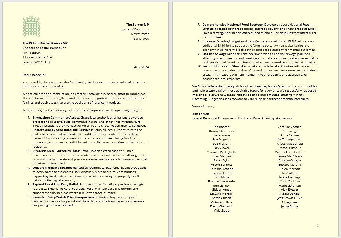 From farming to fuel, and from broadband to buses, for years the previous Conservative Government ignored the needs of rural Britain.

Ahead of this week's Budget, Liberal Democrat MPs in rural constituencies have written to the Chancellor urging her not to make the same mistake.