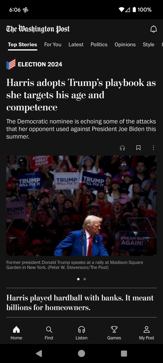 KatyYocom1's tweet image. The @wapo cowardice continues. After Trump's Nazi really last night, this is their digital front page today. But hey, good luck with that @blueorigin contact, @JeffBezos !
