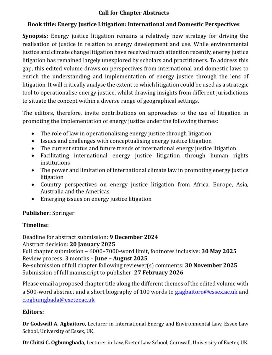 willie_GA's tweet photo. @Chitzi_O and I are happy to invite interested contributors to submit chapter abstracts for consideration in our co-edited book on energy justice litigation. The book is under contract with Springer and is due to be published in 2026. Please find details below. https://t.co/GBuQc08vVd