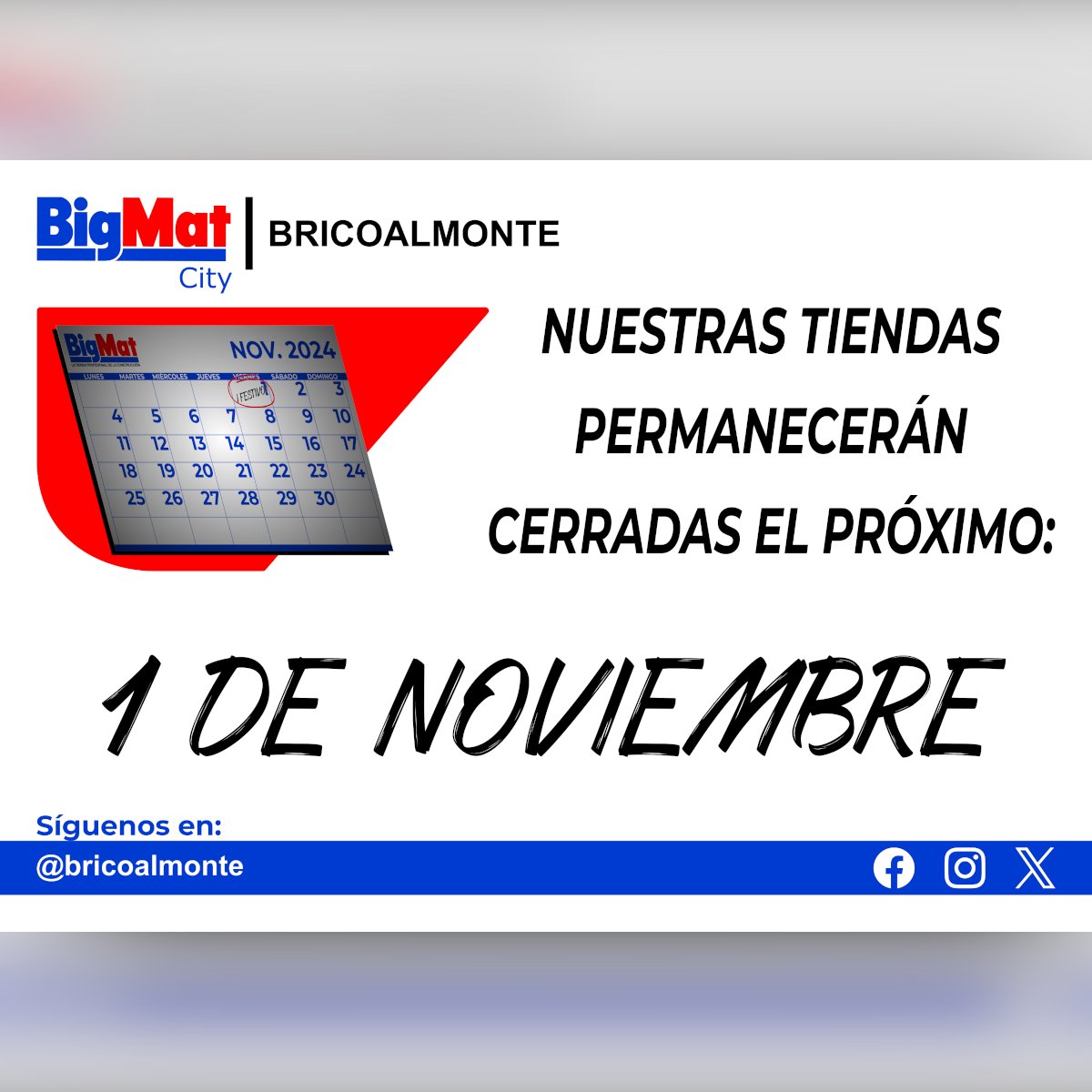 Queremos recordarle que mañana, #1denoviembre, en #BricoAlmonte cerramos nuestra #ferreteria con motivo de la celebración de #ElDíadeTodosLosSantos. Volvemos a atenderle en nuestro horario habitual a partir del sábado 2 de noviembre.
