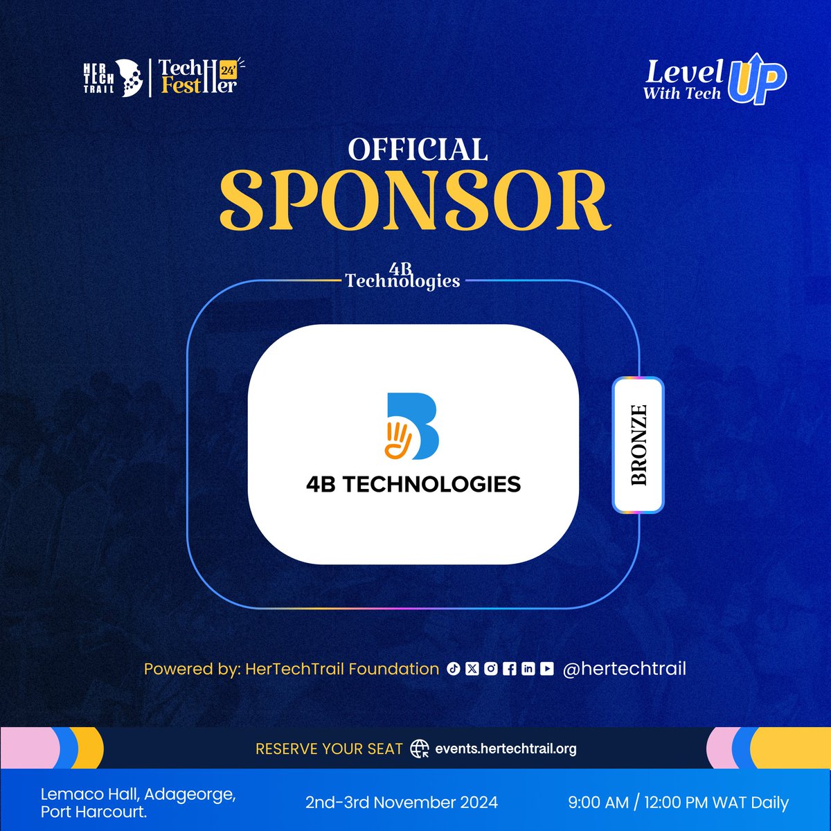 🎉 Exciting News! @4Btechnologies is one of our proud bronze sponsors for TechHerFest24! 💻

Thanks to their support, we’re sure to give you an incredible experience at TechHerFest24!, and we’re grateful to have them on board!🤸‍♂️🤸‍♂️🤸‍♂️

So, what are you waiting for?