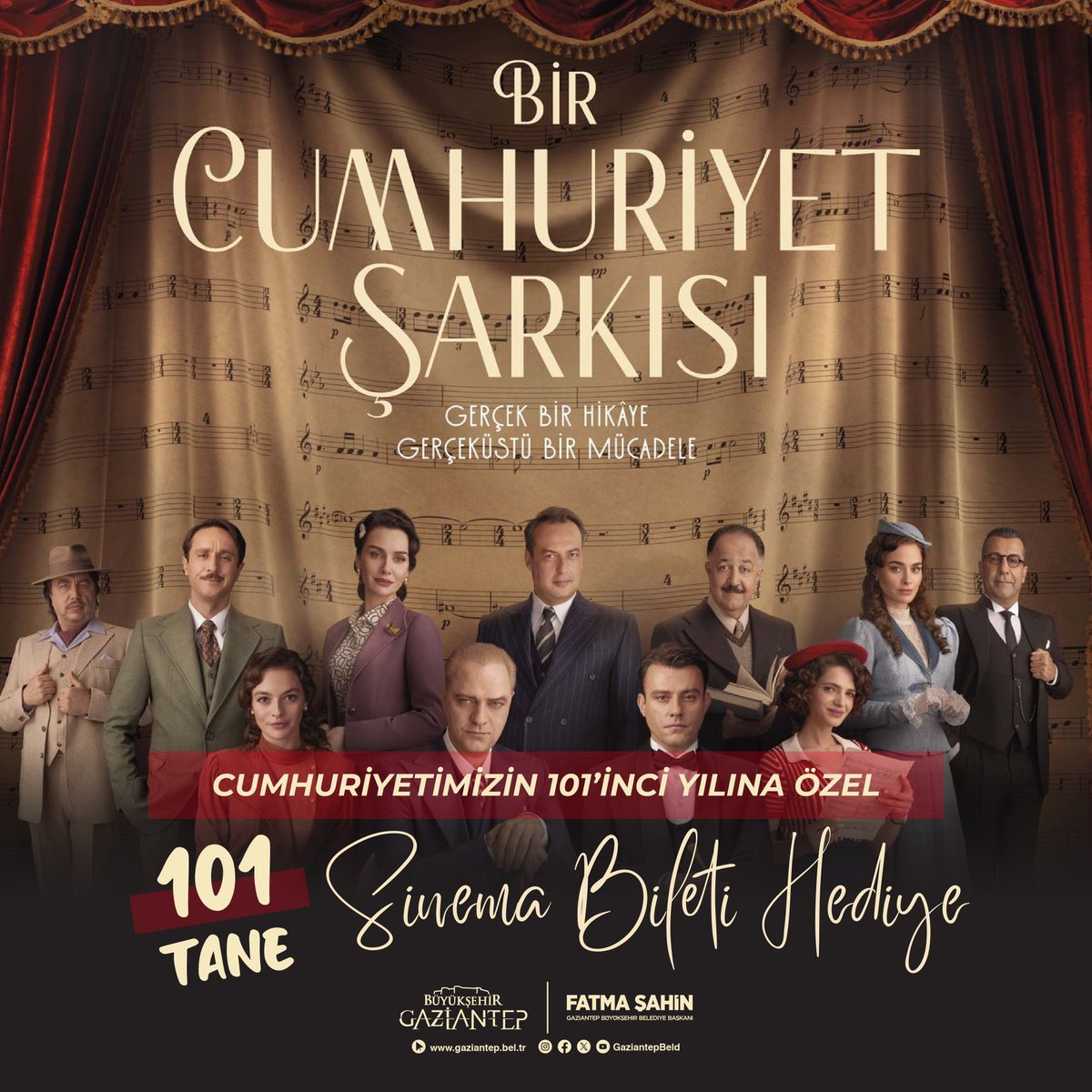 29 Ekim Cumhuriyet Bayramı Etkinlikleri kapsamında Cumhuriyetimizin 101’inci yılına özel olarak 101 tane “Bir Cumhuriyet Şarkısı” sinema bileti hediye ediyoruz. 🇹🇷 🍿 🎥 

Yapmanız gerekenler;

✅ <a href="/GaziantepBeld/">Gaziantep Büyükşehir</a> hesabını takip etmek,

✅Bu gönderiyi beğenip, RT yapmak,

✅1