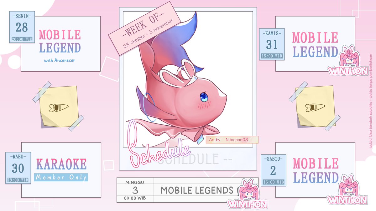 Winnieandreena's tweet photo. ⌜ Winnie Weekly Schedule ⌟
28 Okt s/d 3 Nov 2024

Asset &amp; art by @nitachan03 [IG]

----------------------------------

⌜HASTAG⌟

#WinnieAndreena ⌜General⌟
#ReShow ⌜Live⌟
#Winners ⌜Fanname⌟
#FiguReena ⌜Fanarts⌟
#JoKelinci ⌜Memes⌟
#ClipAn ⌜Clips⌟ https://t.co/ZVeZ6ZfzUq