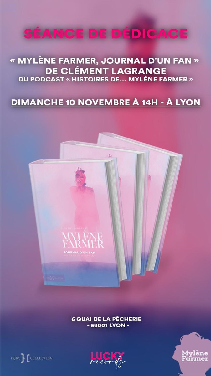 Clément Lagrange (@clement75) on Twitter photo Je suis heureux de vous annoncer qu'une nouvelle séance de dédicace de mon livre sur #mylenefarmer aura lieu cette fois à Lyon, chez <a href="/LuckyRecordsFR/">Lucky Records - Paris & Lyon</a> le 10/11 prochain.
Venez si vous êtes lyonnais et si vous êtes auditeurs de <a href="/HistoiresdeMF/">HistoiresdeMF</a> j'aurai une surprise pour chacun ! 😉 Je suis heureux de vous annoncer qu'une nouvelle séance de dédicace de mon livre sur #mylenefarmer aura lieu cette fois à Lyon, chez <a href="/LuckyRecordsFR/">Lucky Records - Paris & Lyon</a> le 10/11 prochain.
Venez si vous êtes lyonnais et si vous êtes auditeurs de <a href="/HistoiresdeMF/">HistoiresdeMF</a> j'aurai une surprise pour chacun ! 😉
