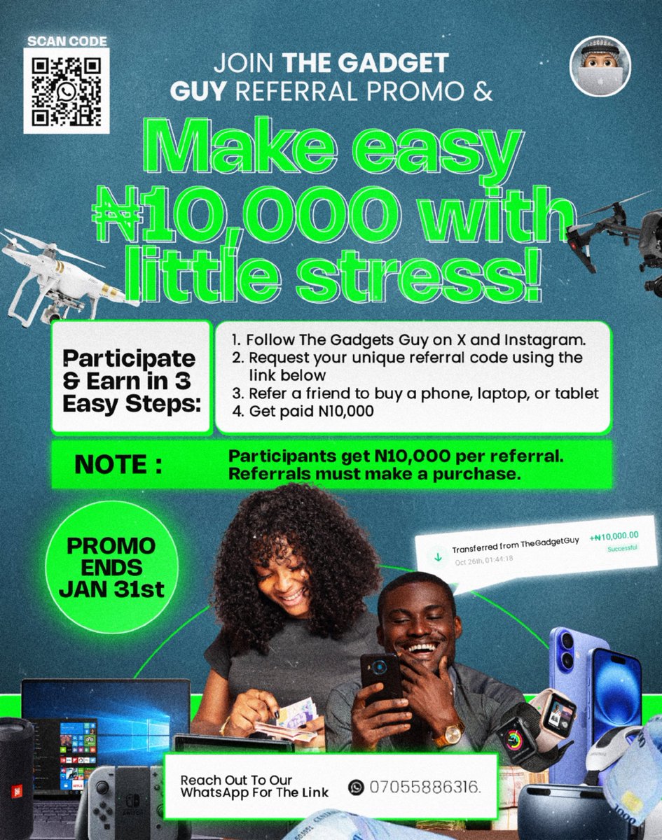 TGG_NG's tweet photo. https://t.co/Pk4SukpYvb
THE GADGETS GUY REFERRAL PROGRAM 🤑💰
HOW IT WORKS 👥🎁
1. Refer friends to The Gadgets Guy.
2. Friends purchase a phone, laptop, or tablet.
3. Earn reward!
#GadgetsGuyReferral #ReferralProgram #TechRewards #GadgetLovers #EarnRewards https://t.co/9BCigALnos