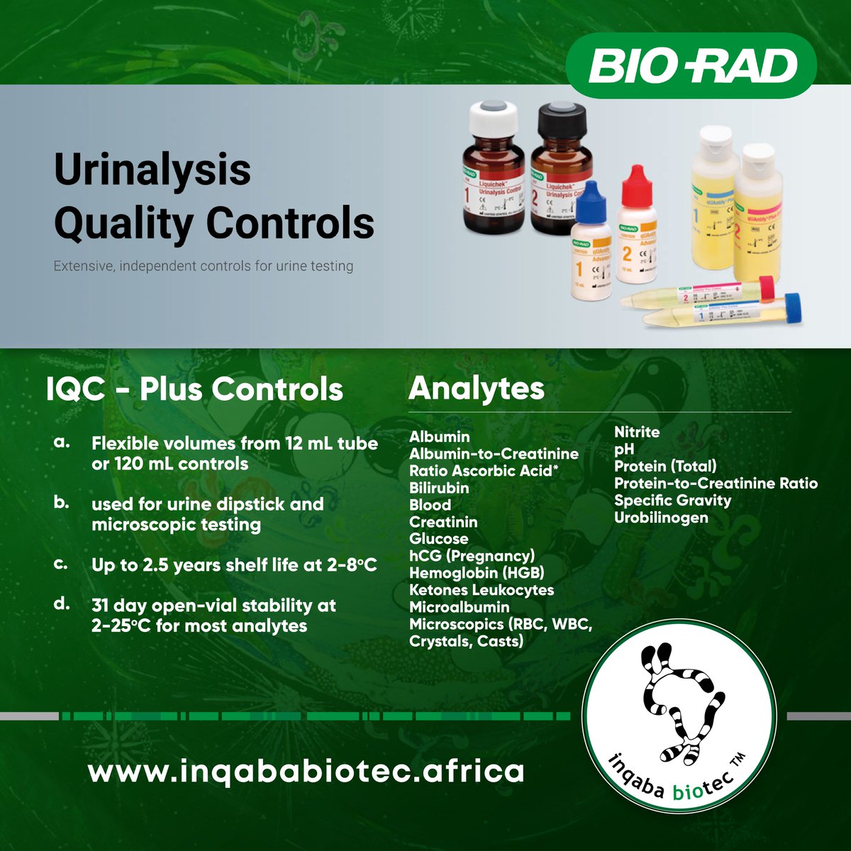 Urinalysis Quality Controls

For more details or any other inquiring kindly reach out to Us: 
Email: karibu@inqababiotec.africa, 
Tel: +255 699 202 478, 
Web: inqababiotec.africa