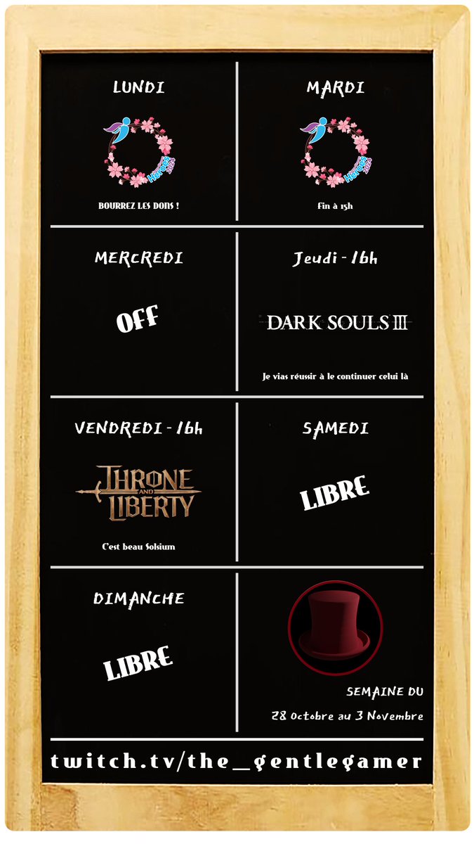 Et voici le calendrier de la semaine !!!
Je suis toujours au @gamestreamheroes donc venez nous voir et surtout BOURREZ LES DONS !