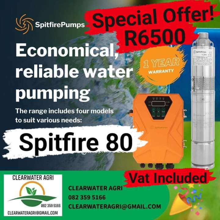 Special Offer - R 6500 Vat included 🔥💰💦

Spitfire Griffon 80 DC Solar Water Pump Set : 210W . Outlet : 20mm , with Controller.

Includes: Pump, motor, controller, 1 x tank sensor and 1 x spare Helical Rotor. Built in dry-run protection &amp; Mc4 Solar Cable .