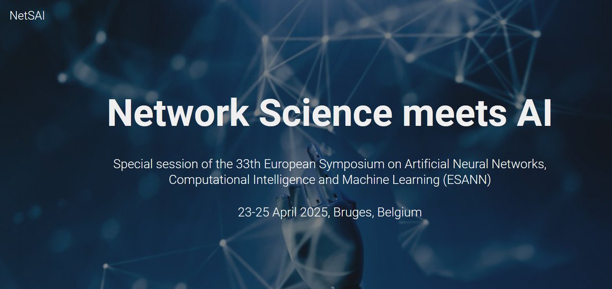 Manuel Dileo (manueldileo.bsky.social) (@manueldileo) on Twitter photo 📢 Call for Papers: "Network Science meets AI" special session at #ESANN2025!
We are happy to announce this special session in collaboration with <a href="/ingo_S/">Ingo Scholtes</a> <a href="/interdonatos/">Roberto Interdonato</a> <a href="/frank8m/">Fragkiskos Malliaros</a>
🚨Submit your 6-page paper by Nov 20, 2024.
Website: tinyurl.com/2djhjnwh 📢 Call for Papers: "Network Science meets AI" special session at #ESANN2025!
We are happy to announce this special session in collaboration with <a href="/ingo_S/">Ingo Scholtes</a> <a href="/interdonatos/">Roberto Interdonato</a> <a href="/frank8m/">Fragkiskos Malliaros</a>
🚨Submit your 6-page paper by Nov 20, 2024.
Website: tinyurl.com/2djhjnwh