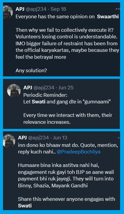 apj234's tweet photo. Imagine complaining about a brand in the morning and then purchasing its shares in the evening 🤡
Jitna tum usko reply karoge utna hi payment usko BJP degi. Use #BlockSwati hashtag and reply/quote with screenshot that you did it. DM every mutual and DONT JUST ASK, make sure they stop purchasing shares of swaarthi and co.✅✅
We raised this issue with the official team few months back, somehow they were still emotional about it and not strategic. Very disappointing 🤷♂️