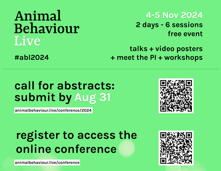 Marion Rivalan (@marionrivalan) on Twitter photo The program of this year's online conference is really cool: animalbehaviour.live/conference
for whoever is into animal’s behaviour, wild animals cognition and ethology, this is one place to go :))
<a href="/AnimalBehavLive/">Animal Behaviour Live</a> <a href="/behaviourforum/">TheBehaviourForum.org</a> The program of this year's online conference is really cool: animalbehaviour.live/conference
for whoever is into animal’s behaviour, wild animals cognition and ethology, this is one place to go :))
<a href="/AnimalBehavLive/">Animal Behaviour Live</a> <a href="/behaviourforum/">TheBehaviourForum.org</a>