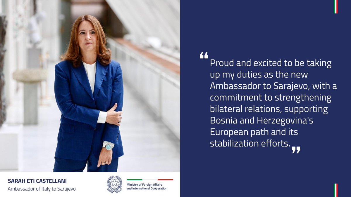 Congratulations to <a href="/sarahcastellani/">Sarah Castellani</a>, new Ambassador of Italy to Bosnia and Herzegovina 🇮🇹🤝🇧🇦
.
<a href="/italyinbih/">Italy in Bosnia and Herzegovina</a>