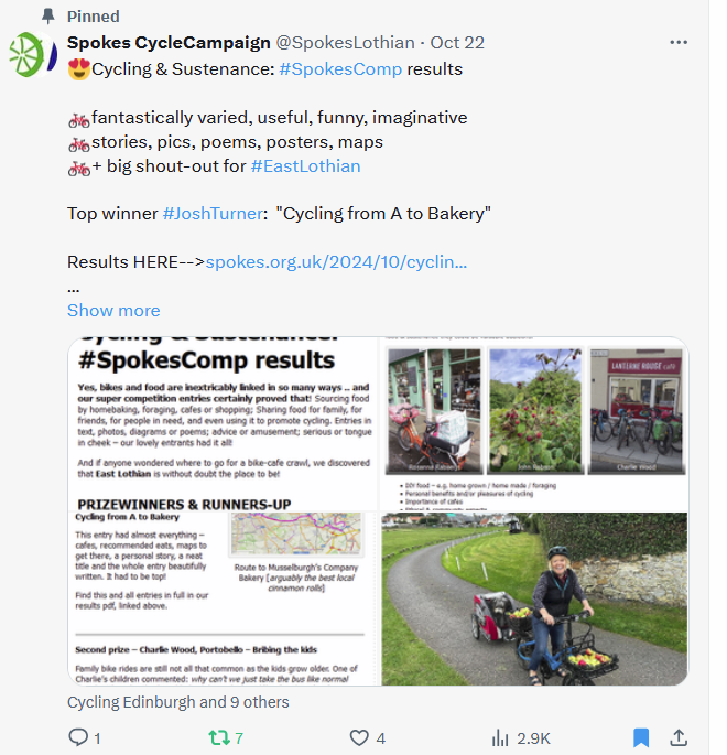 SpokesLothian's tweet photo. @edfoc @LadyCatHT @CyclingEdin @edi_dot_bike @thecockburn @EdinReporter @EdCriticalMass @SW20Ed @SpokesPorty @AlastairDalton @laura_laker @SusanSwarbrick @Camthebam66 @LittleGreenVan1 @Shaminakhtar @mcmillwynd @norriehamp @PaulMcLennan7 @_MWhitfield @belhavenbikes @HollingMark @CWAMusselburgh @harkins4holyrd @Mr_Jason_Rose @LothianLoop @ELCouncil @DA_Anderson @EdinburghMinute @ShonaMcIn_SGP @CllrForrest @colin_yorkston @BrookeHRitchie @FionaDugdale1 @colinmcginn @Lee_AnneMenzies Cycling &amp; Sustenance #SpokesComp

😍Big thanks to our prize sponsors
@ScotRail
@CameoCinema
@Furtherfrom
@DowerCafe
@EdinburghBikes
@edfoc
@LaidBackBikes
@harts_cyclery
@camobscura
#LanterneRouge

Looking fwd to prizewinner photos enjoying their reward!

https://t.co/QfE7cpYvRl https://t.co/EXYz3Eme1V