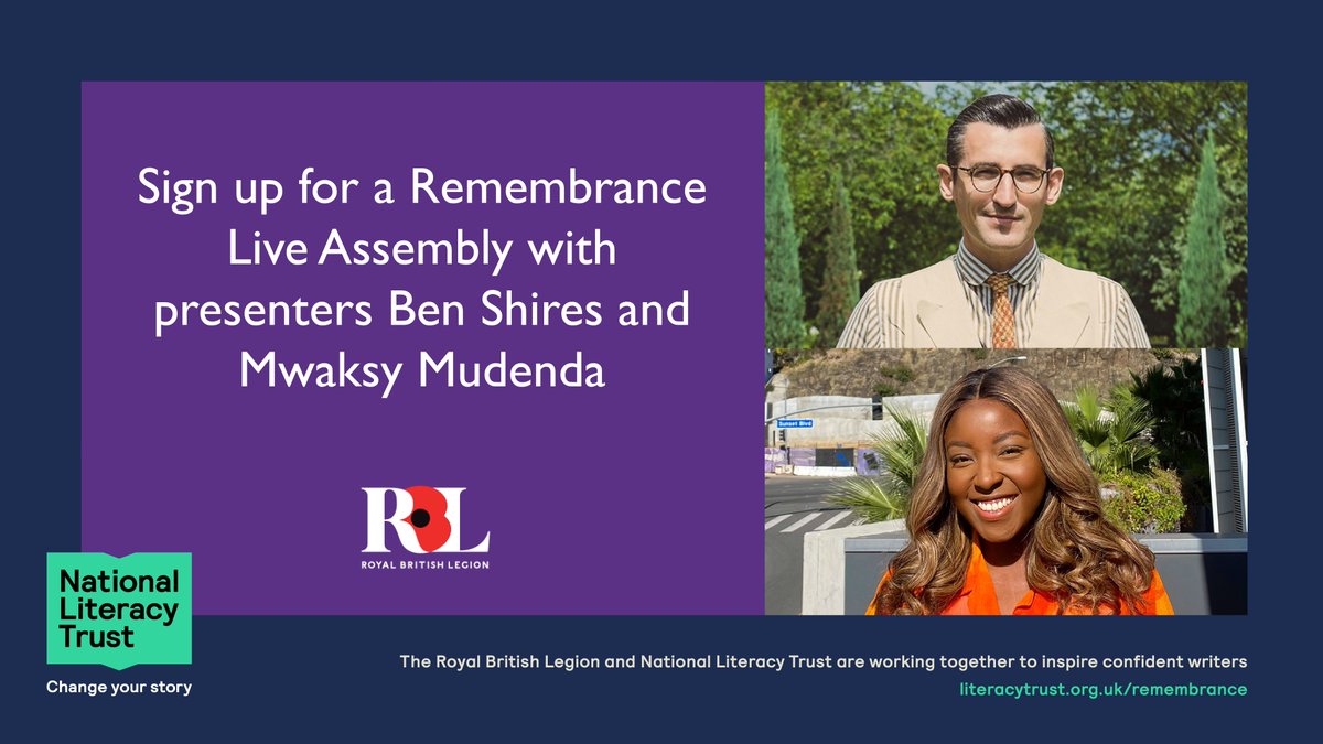 Not long to go now until we commemorate Remembrance with our free live assembly in partnership with <a href="/PoppyLegion/">Royal British Legion</a> and presented by <a href="/mwaksybluepeter/">Mwaksy</a> and <a href="/BenShires/">Ben Shires</a>

📅 Monday 11 November
📖 Years 5-9

Sign your class up now: literacytrust.org.uk/resources/reme…