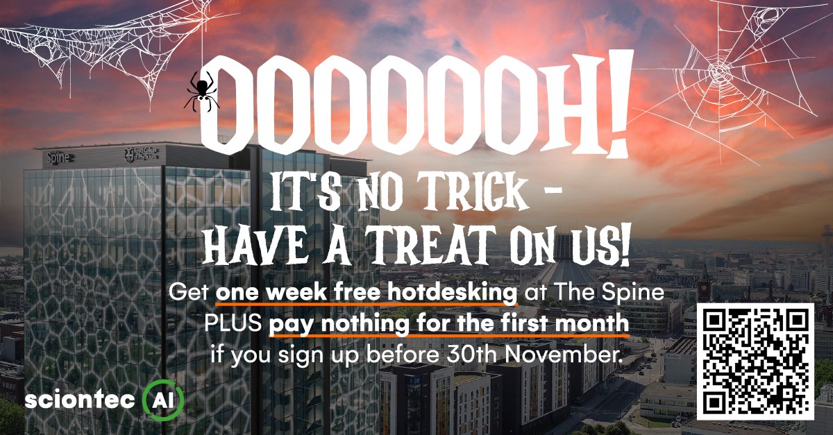 Sciontec's tweet image. 👻 Nightmare working from home? 🕸️

Take a break with 1 WEEK FREE in our all-inclusive workspace at The Spine! 🎃

Sign up for a 6-month Flexi Space membership by Nov 30th and get your 1st month FREE!

👉 Sign up here sciontec.co.uk/space-type/all…

#Coworking #HotDesking #TheSpine