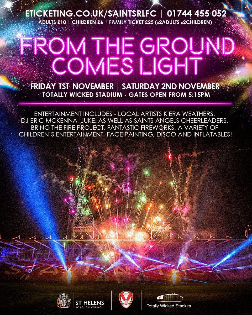St.Helens R.F.C. (@saints1890) on Twitter photo From The Ground Comes Light 2024 is approaching! 🎇
Tickets are now 𝗟𝗜𝗠𝗜𝗧𝗘𝗗 for the Saturday edition at the <a href="/twstadium/">Totally Wicked Stadium</a>
Find out all details and secure your family ticket now ⤵️
🎟️ bit.ly/FTGCL24 From The Ground Comes Light 2024 is approaching! 🎇
Tickets are now 𝗟𝗜𝗠𝗜𝗧𝗘𝗗 for the Saturday edition at the <a href="/twstadium/">Totally Wicked Stadium</a>
Find out all details and secure your family ticket now ⤵️
🎟️ bit.ly/FTGCL24