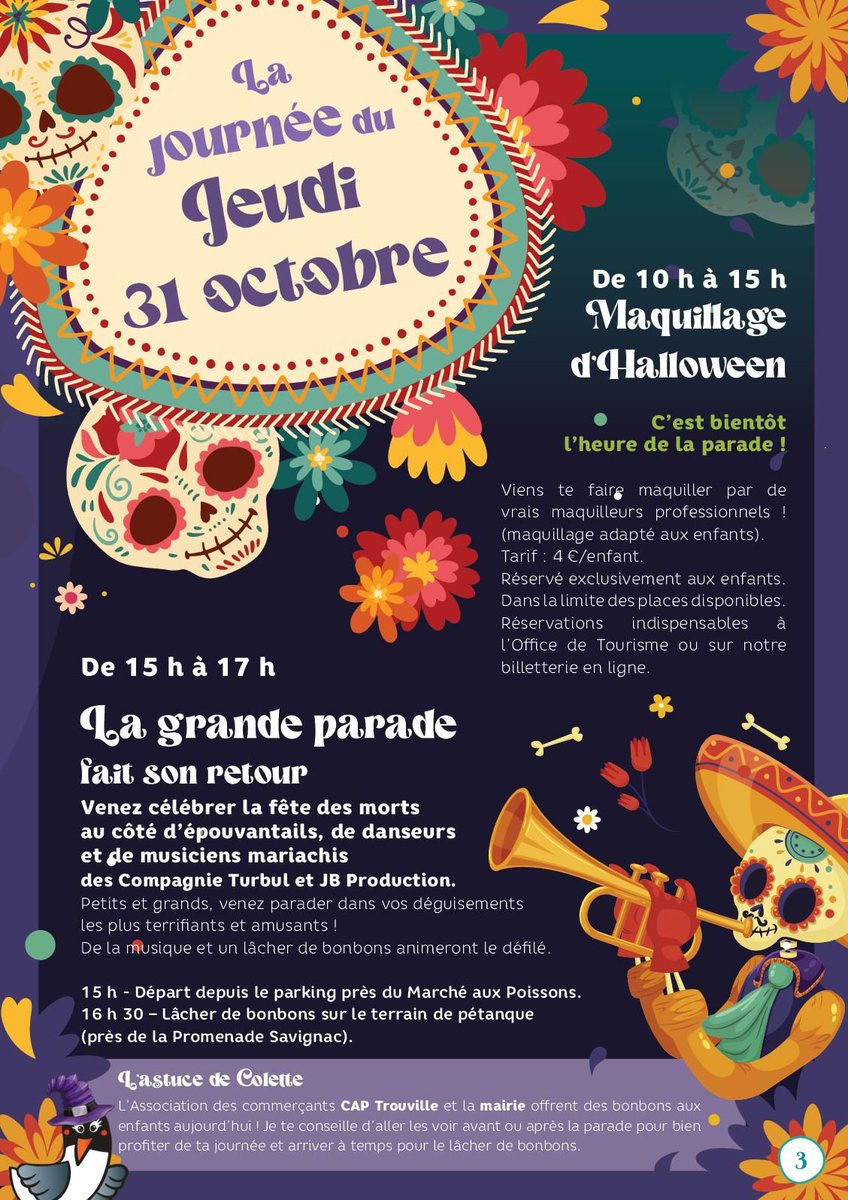 GRANDE PARADE D’HALLOWEEN 🎃

Le jeudi 31 octobre, de 15h à 17h, rejoignez-nous pour une après-midi effrayante et festive avec épouvantails, danseurs et musiciens mariachis ! 💀🎶

Venez nombreux pour une journée pleine de frissons et de sucreries ! 😁