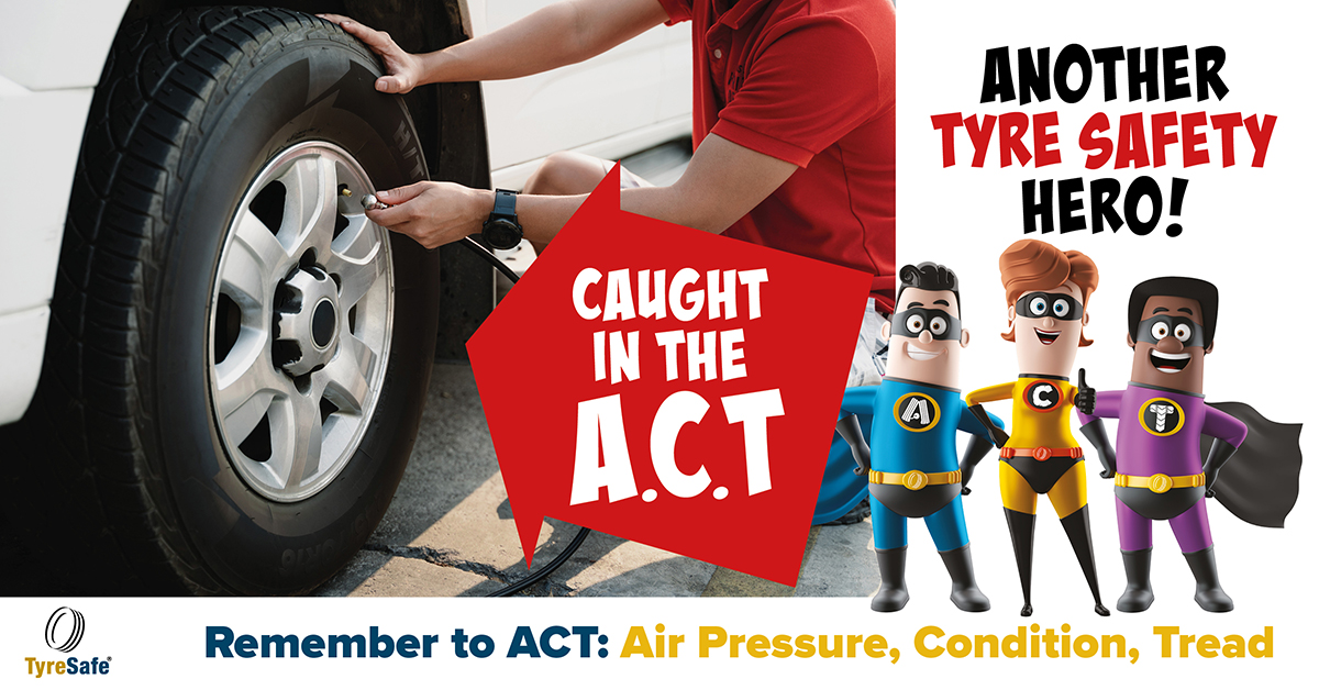 Tyresafe's tweet photo. 🦸‍♂️ Your car is your trusty sidekick – make sure it’s equipped for the journey ahead! This Tyre Safety Month, check your tyres and save yourself from the villain of worn treads. 
#CaughtInTheAct #TyreSafetyMonth2024 #CheckTyres https://t.co/mtfo0USrOf