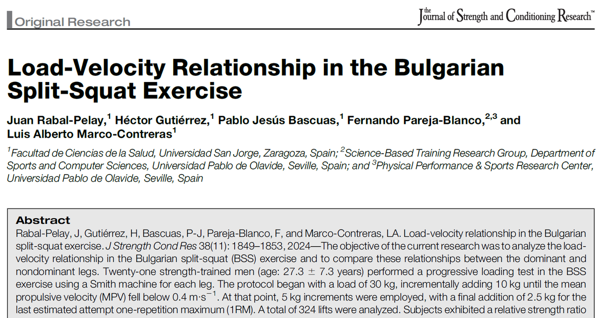 EamonnFlanagan's tweet photo. Load Velocity profiling for the Rear Leg Elevated Split Squat

"Bulgarian Split Squat" / RLESS using smith machine w/ 1 second pause between ecc/con phases

🔸V. high association btw %1RM & mean propulsive velocity in RLESS (R² = 0.94)

🔸L/V profile is consistent btw dominant & non-dom limbs @ %1RM despite sig. diffs observed in absolute load lifted btw legs

🔸Change in velocity of 0.05m/s approximates a 5% 1RM change in load

🔸Minimum velocity threshold (MVT) at 1RM appears to be 0.25m/s (range = 0.15 - 0.30)