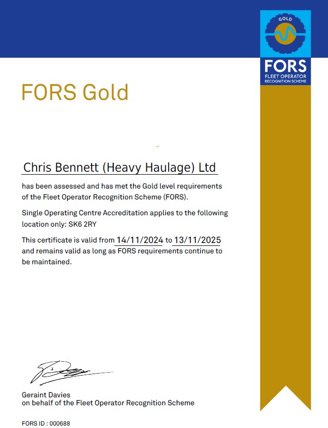 Well done to all the team at Chris Bennett Heavy Haulage Ltd for achieving the Transport for London FORS Gold standard for another 12 months. For any FORS required loads into London speak to Alan or Andy on 0161 406 8466.