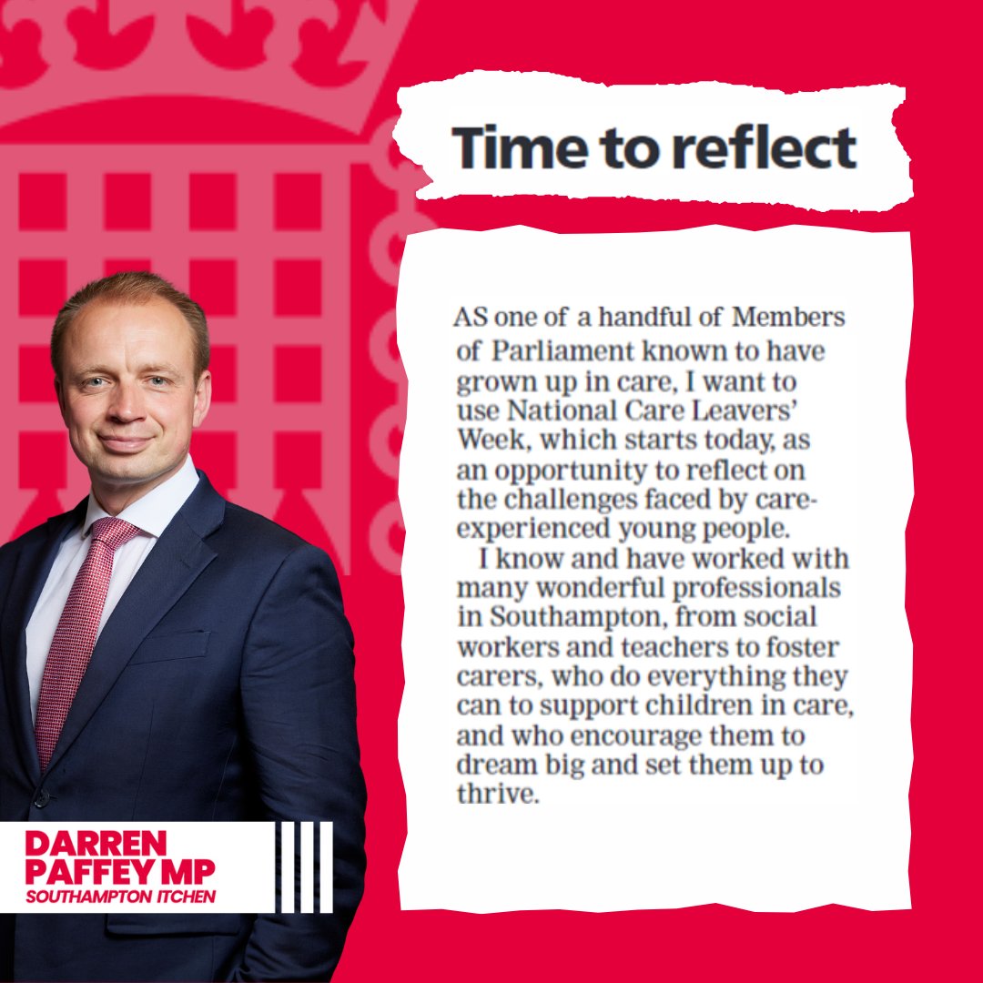 Today is the start of National Care Leavers' Week.

As one of few MPs who grew up in care, I know that there are many wonderful professionals who support our care leavers to dream big and achieve their aspirations.

But there is more to do.