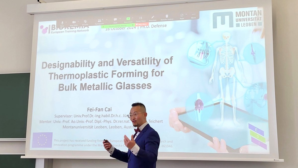 Another successful #PhD #defence has taken place! Fei-Fan (ESR 4) wrote his thesis on "Designability and Versatility of Thermoplastic Forming for Bulk Metallic Glasses”. We congratulate! 🎓🎊

#bioremia #ITN #biomaterials <a href="/HorizonEU/">Horizon Europe 🇪🇺</a> <a href="/MSCActions/">Marie Skłodowska-Curie Actions</a> <a href="/unileoben/">Montanuniversität Leoben</a>