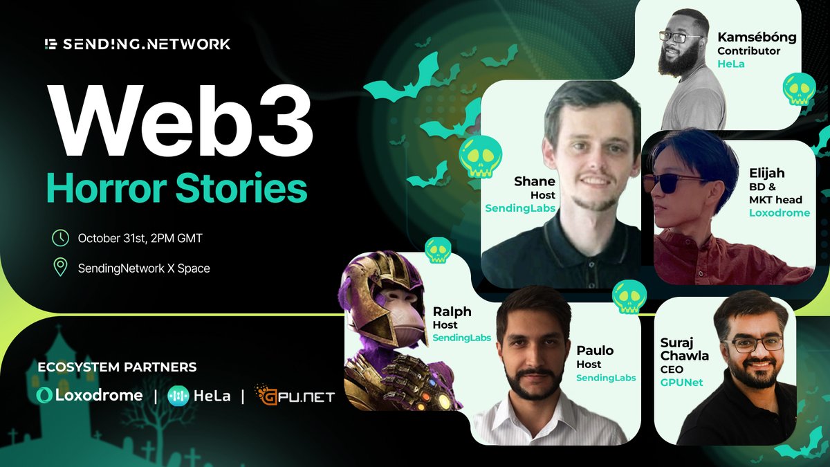 Halloween is in a few days, and we can't wait to hear your Web3 Horror Stories.

Join our upcoming space alongside <a href="/Hela_Network/">HeLa Labs 🍀 | HLUSD</a>, <a href="/_Loxodrome/">Loxodrome | DePIN-Centric</a> and <a href="/gpunet/">GPU.NET</a> as we share our Web3 Stories and listen to yours.

Date: Thursday, 31st October 2024 at 2pm
Link: x.com/i/spaces/1nAJE…