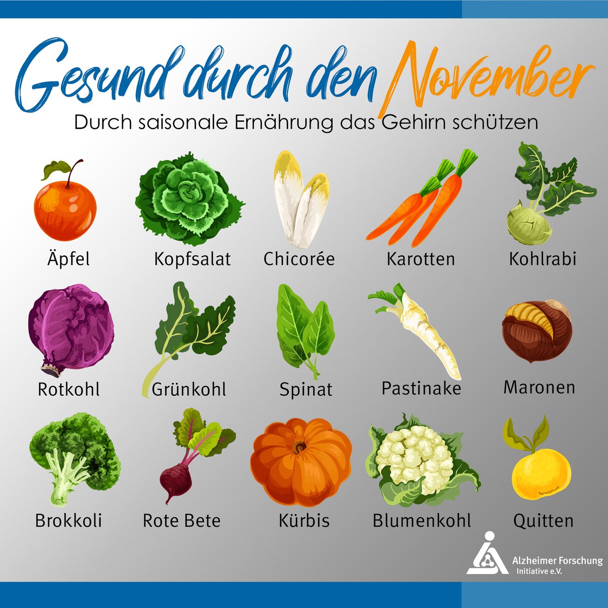 Alzheimer vorbeugen durch gesunde Ernährung? Wir stellen saisonales Obst und Gemüse für den November vor, die Körper und Gehirn optimal versorgen und vor #Alzheimer schützen. #alzstoppen #ichbeugevor