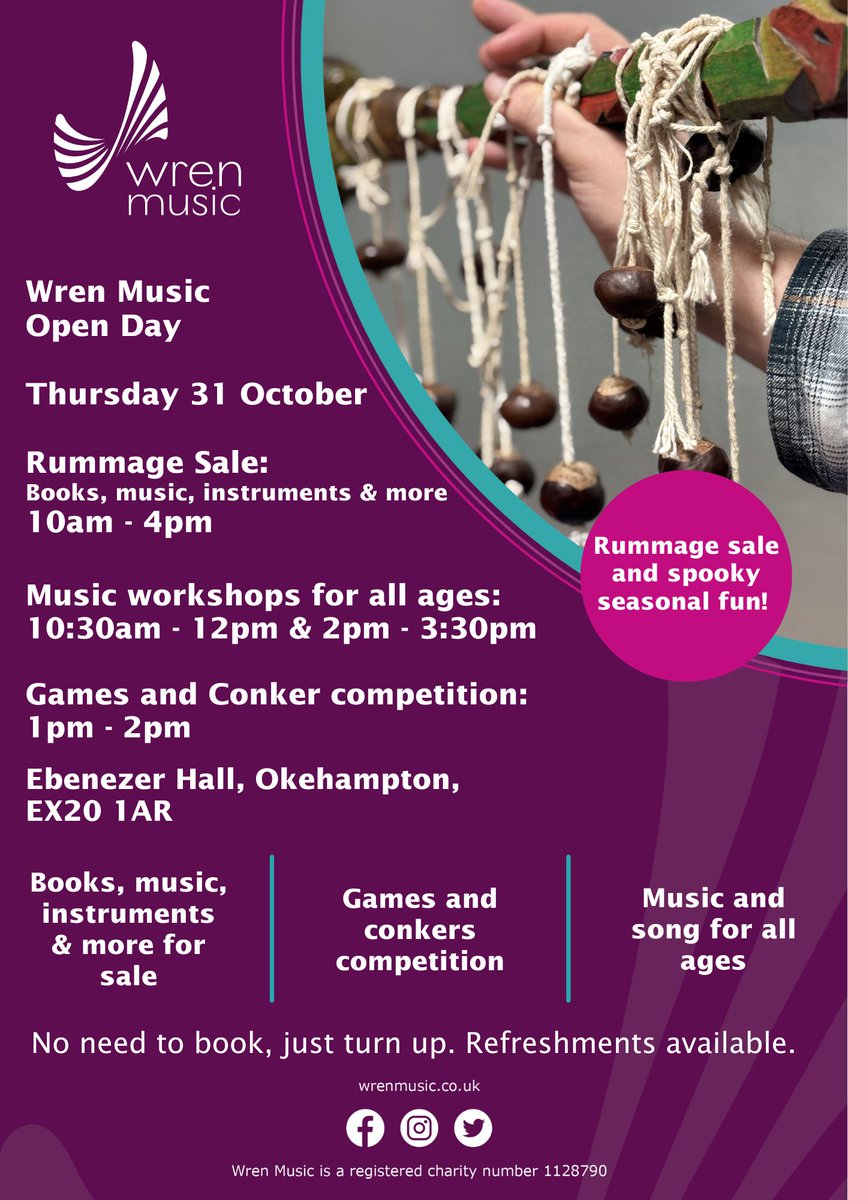 Join us on this Thursday for our Wren Music Open Day! Check out our rummage sale, join in with some fun seasonal activities and take part in our annual conker competition! All at our Okehampton HQ.  Full details on our FB page and in image alt tag:  facebook.com/WrenMus/