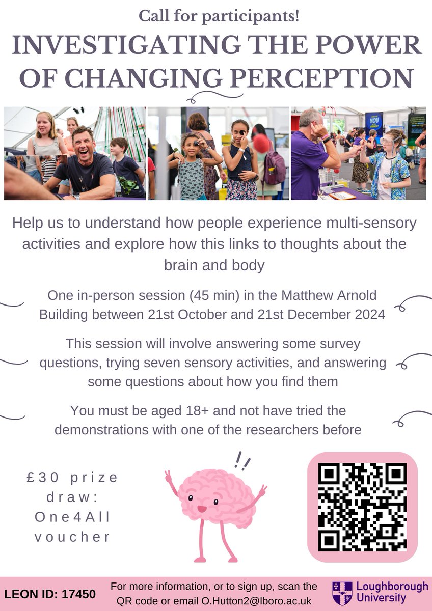Oscar Hutton (@oscarihutton) on Twitter photo ✨Research opportunity!✨
Would you like to try some intriguing sensory activities? Take part in our study at <a href="/lborouniversity/">Loughborough University</a> and try some activities that have been demonstrated at major Science Festivals! DM or email for more info.
#PhD #CallForParticipants #lboro #psychology ✨Research opportunity!✨
Would you like to try some intriguing sensory activities? Take part in our study at <a href="/lborouniversity/">Loughborough University</a> and try some activities that have been demonstrated at major Science Festivals! DM or email for more info.
#PhD #CallForParticipants #lboro #psychology