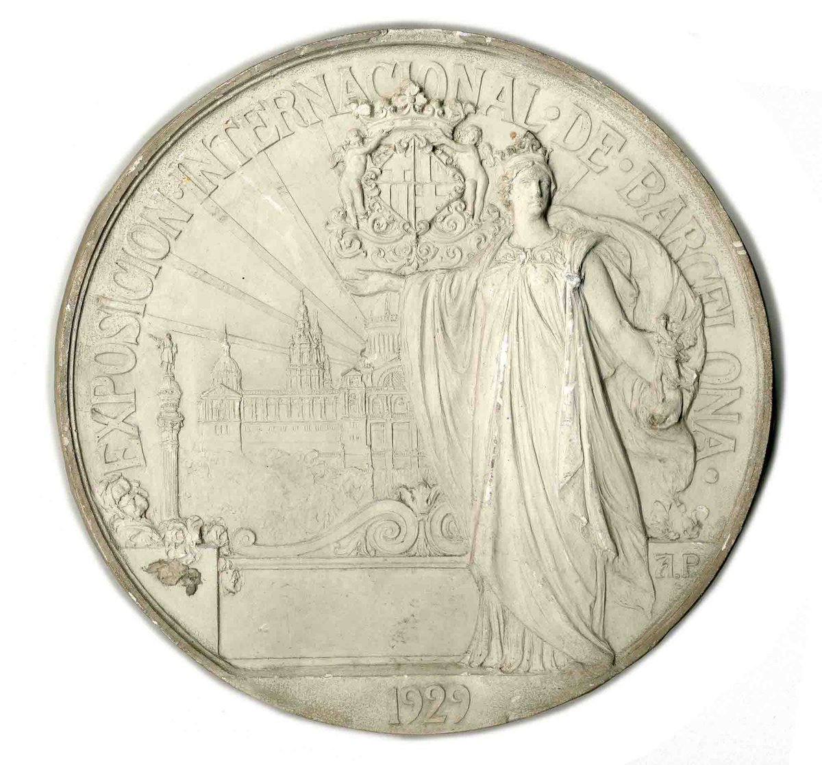 Us presentem "Exposición Internacional de Barcelona (al·legoria de la ciutat davant el Palau Nacional)" (1929) [RACBASJ, inv. 3964 E], un medalló en guix de l'escultor i acadèmic barceloní Antoni Parera i Saurina (1868-1946). Una excepcional mostra de la medallística catalana.