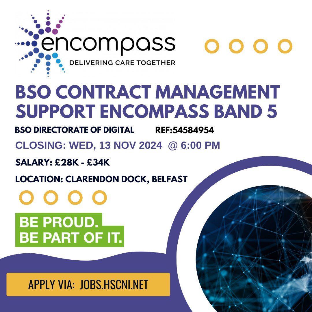BSO_NI's tweet photo. @BSO_NI are recruiting for a Contract Management Support encompass, Band 5.

For more information and to apply:
https://t.co/iUsHO8u81U

#BSO #MakingADifference #hsc #hscjobs #encompass #Belfast #NIjobs https://t.co/RNSd5JG2wb