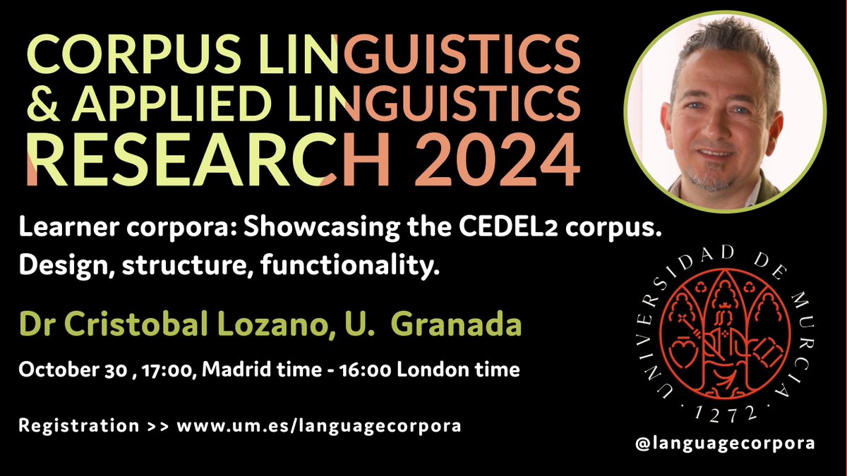 Coming up Weds 30th October, 17:00 (Madrid) 16:00 (London) <a href="/languagecorpora/">Corpora and applied linguistics</a> online talk by Dr Cristobal Lozano <a href="/cris_lozano_ugr/">Cristóbal Lozano</a> @BilinguaLab_UGR "Learner corpora: Showcasing the CEDL2 corpus"  <a href="/cris_lozano_ugr/">Cristóbal Lozano</a> will discuss the design principles and structure behind CEDEL2, and