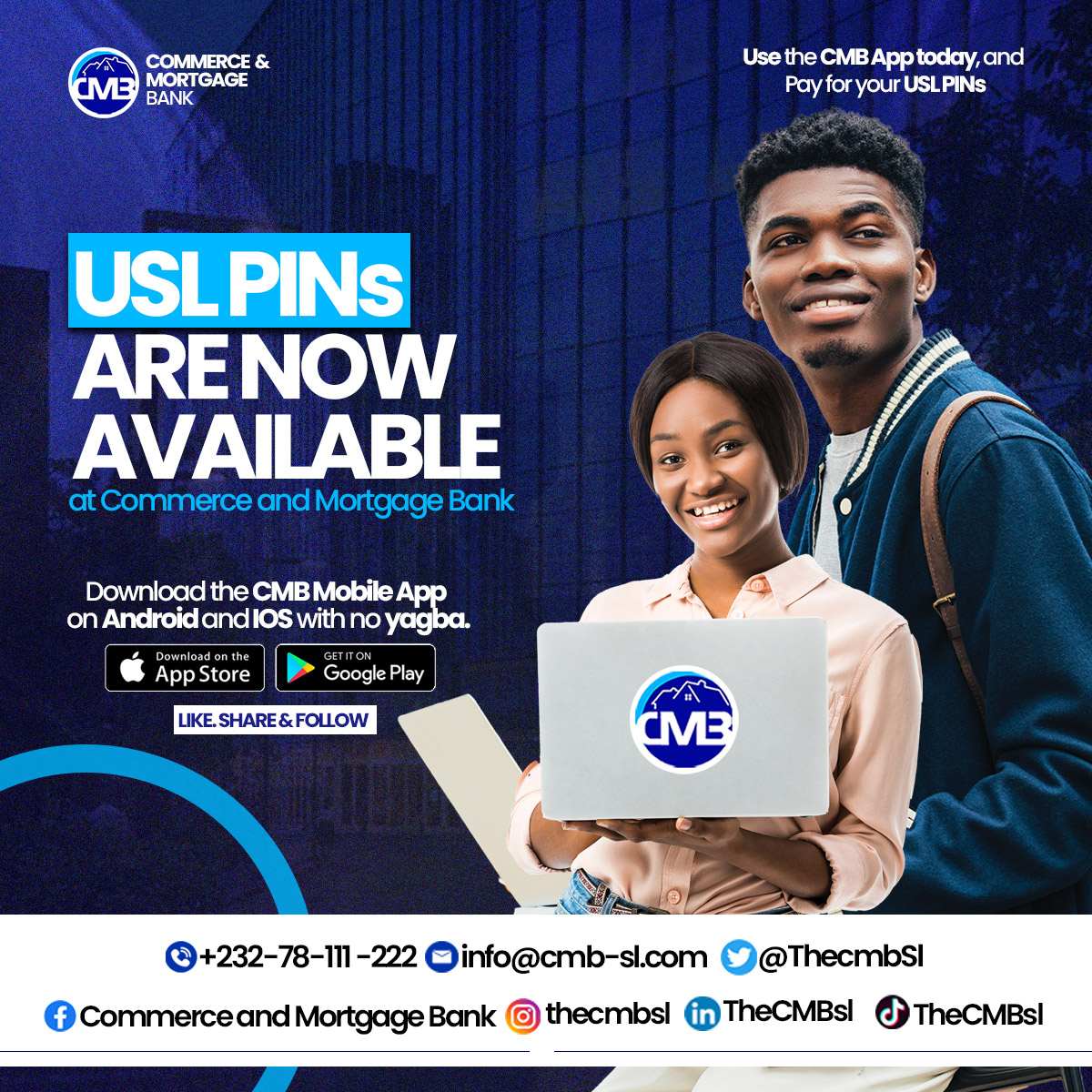 ThecmbSl's tweet photo. 2024 - 2025 USL entry pins are now available at our head office (30 Liverpool Street) or any of our branch offices across Freetown. 

Hurry now to the nearest location and grab your entry Pin. 

https://t.co/VBPLVp82XZ

#theCMBsl #USLentryPinsavailable #CommercialBankinSl #Youcanbankwithus.