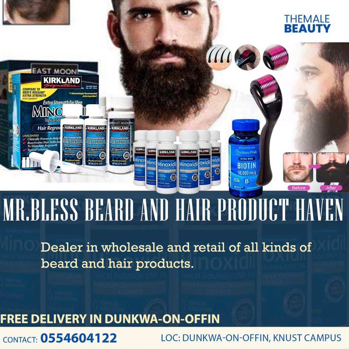 Powerful_Conti's tweet photo. Transform your beard and hair with our premium products! Get Minoxidil, Biotin, and more – guaranteed results. Free delivery in Dunkwa-On-Offin! Call now: 0554604122 https://t.co/cDOyY1cnMA