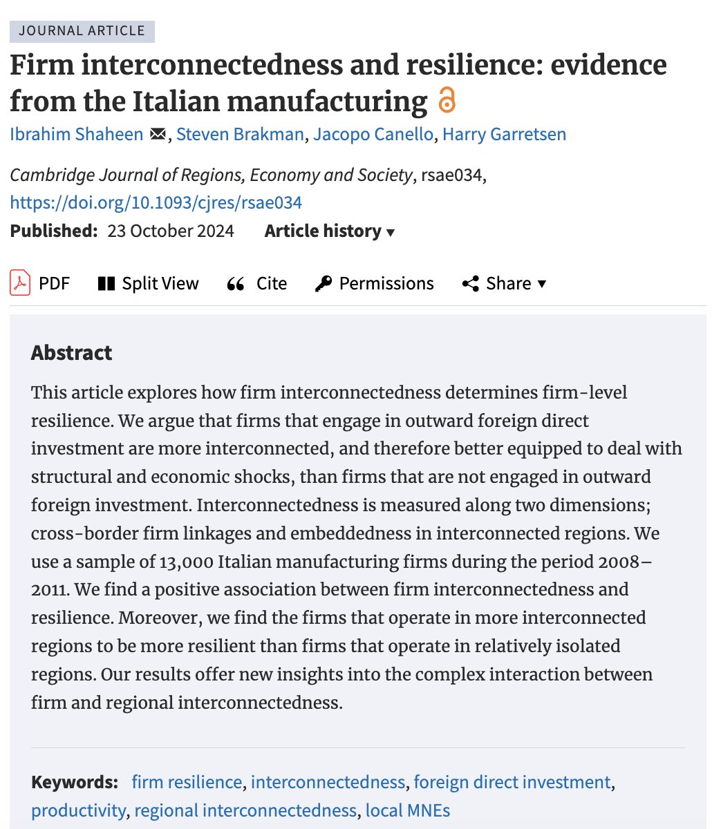 Our new paper on #interconnectedness and firm #Resilience 

doi.org/10.1093/cjres/…

Involvement in global production networks and GVCs has implications for the resilience of local economies.

There is a need for bridging evolutionary economic geography with GPNs and #GVCs