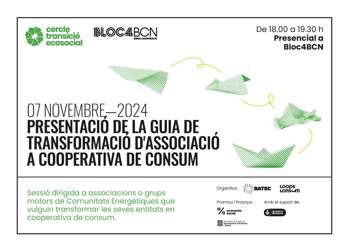 BATEC coop (@batec_coop) on Twitter photo 🟢Saps com fer el canvi d'associació a cooperativa de consum?
El 7 de novembre fem la presentació de la guia elaborada per <a href="/CoopsConsum/">Federació Coopsconsum</a>, en la que explicarem de manera detallada com fer aquest pas.
📍Ens trobem al <a href="/Bloc4BCN/">Bloc4BCN - Espai cooperatiu</a> a les 18h
🔗Inscripcions: t.ly/WEaGW 🟢Saps com fer el canvi d'associació a cooperativa de consum?
El 7 de novembre fem la presentació de la guia elaborada per <a href="/CoopsConsum/">Federació Coopsconsum</a>, en la que explicarem de manera detallada com fer aquest pas.
📍Ens trobem al <a href="/Bloc4BCN/">Bloc4BCN - Espai cooperatiu</a> a les 18h
🔗Inscripcions: t.ly/WEaGW
