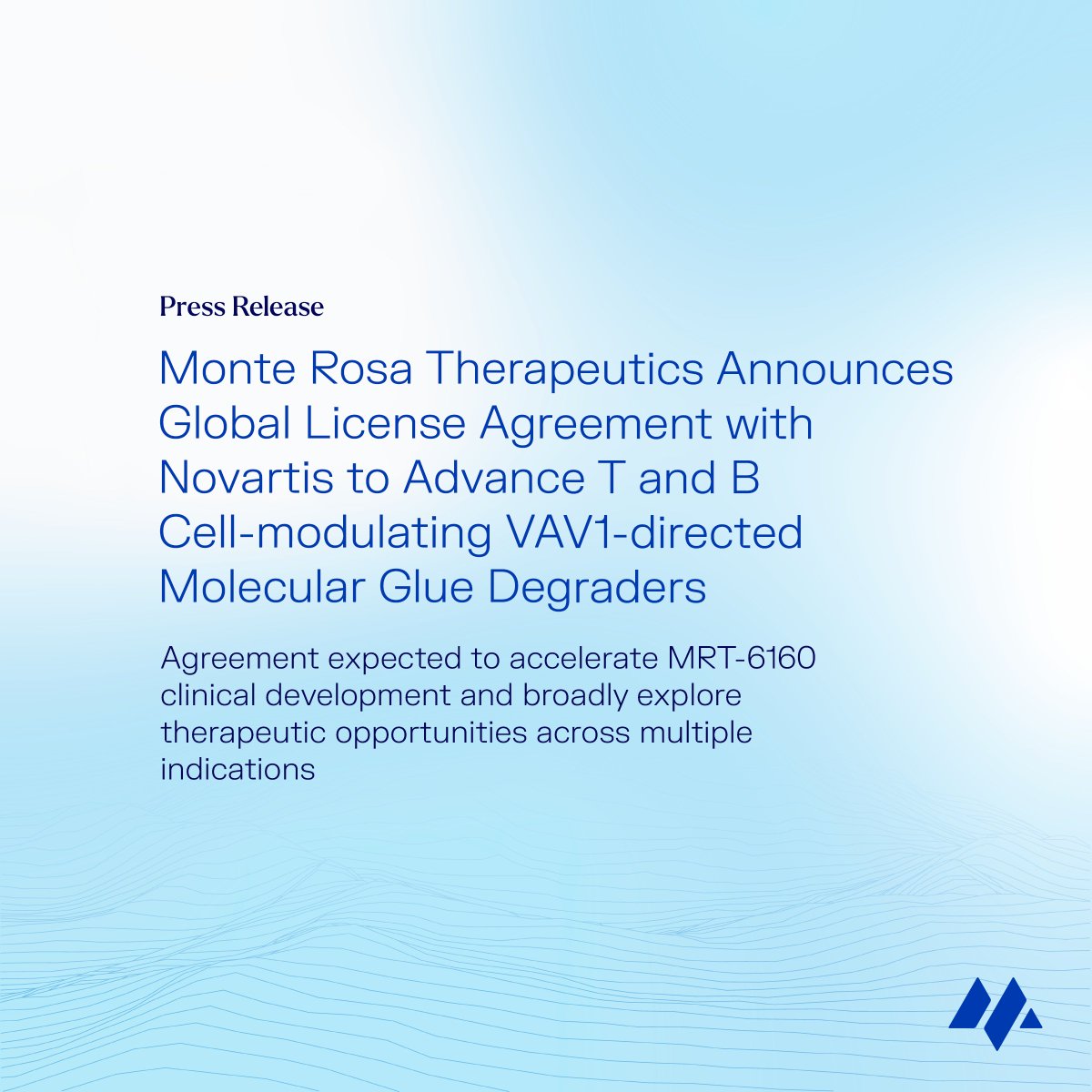 MonteRosaTx's tweet photo. Today we announced a global license agreement with @Novartis to advance VAV1-directed MGDs. This agreement is expected to accelerate clinical development of MRT-6160 and explore its therapeutic potential across multiple indications. 

Learn more: https://t.co/GowNMJ5zRk https://t.co/8U2gEcWhkg