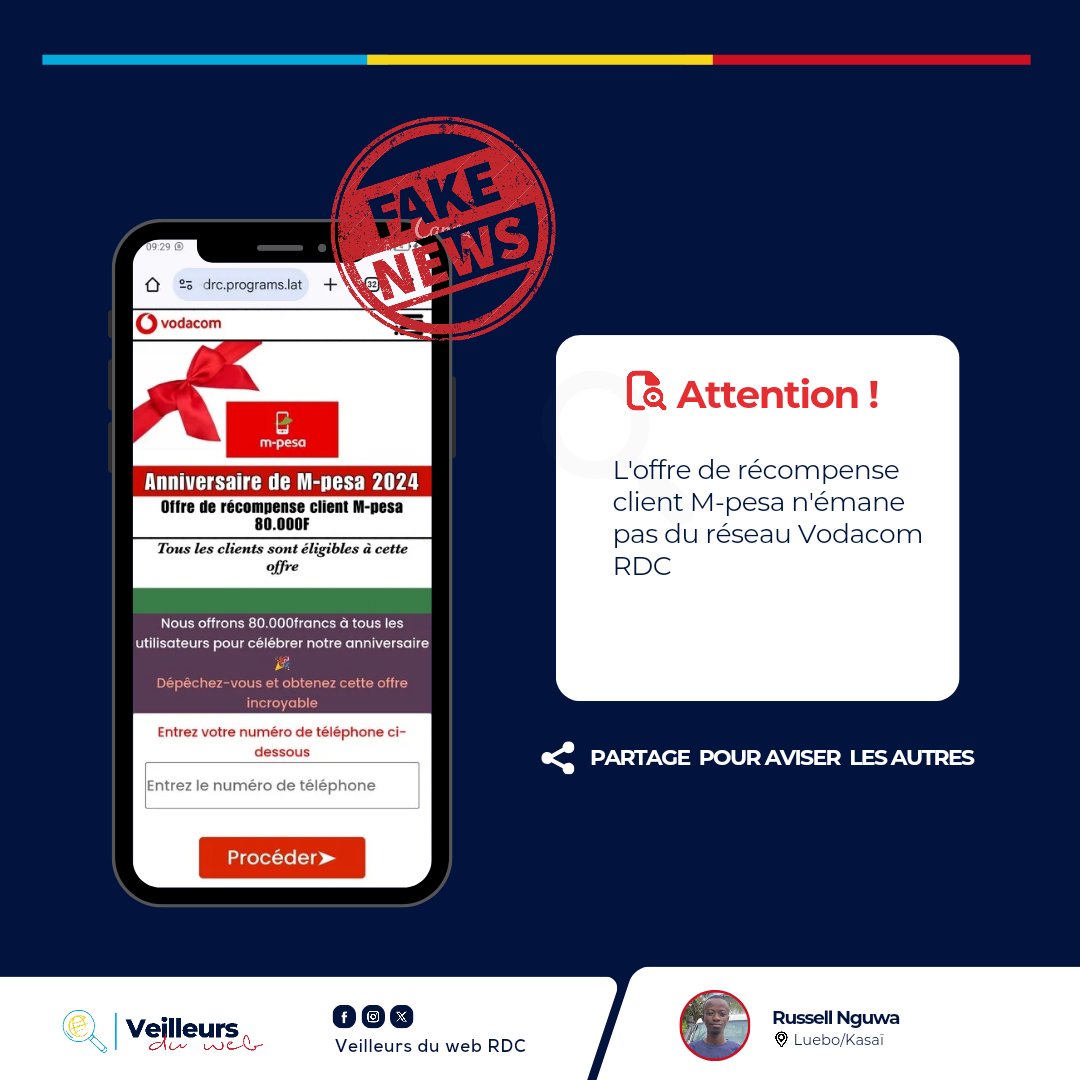 Attention, l'offre de récompense client M-pesa n'émane pas du réseau <a href="/Vodacomcongo/">Vodacom RDC</a>

Trouve les détails via ce lien👇
facebook.com/10007638177619…
