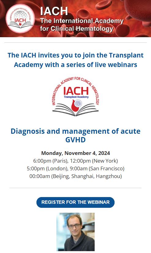 IACH (@theiach) on Twitter photo 📣Join us for the upcoming <a href="/TheIACH/">IACH</a> Transplant Academy webinar
Diagnosis and management of acute GVHD
with Prof. <a href="/Florent_Malard/">Florent Malard</a>
🗓️Monday, November 4, 2024
⏲️6PM CET | 12PM NY
Register for FREE
⬇️⬇️
bit.ly/4hBtuAv
<a href="/Mohty_EBMT/">Mohamad Mohty</a> 📣Join us for the upcoming <a href="/TheIACH/">IACH</a> Transplant Academy webinar
Diagnosis and management of acute GVHD
with Prof. <a href="/Florent_Malard/">Florent Malard</a>
🗓️Monday, November 4, 2024
⏲️6PM CET | 12PM NY
Register for FREE
⬇️⬇️
bit.ly/4hBtuAv
<a href="/Mohty_EBMT/">Mohamad Mohty</a>