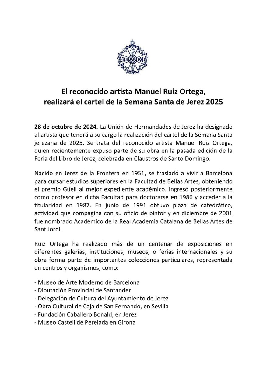uhhjerez's tweet photo. El reconocido artista Manuel Ruiz Ortega, realizará el cartel de la Semana Santa de Jerez 2025, tras la designación de la @uhhjerez. La presentación del mismo, tal y como viene sucediendo, tendrá lugar a comienzos del próximo año  en acto abierto al público. https://t.co/KWg2LGjNto