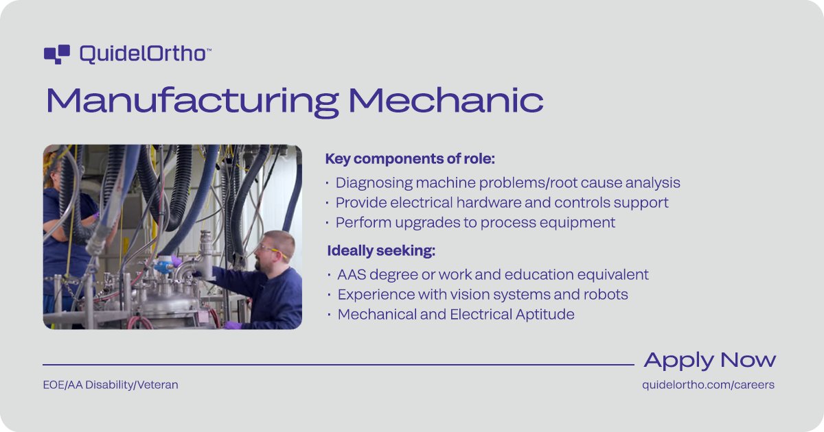 QuidelOrtho (@quidelortho) on Twitter photo We’re hiring – Manufacturing Mechanic in Rochester, NY
Apply now and become part of a company that values your skills and dedication. Explore more and submit your application: orthoclinical.wd1.myworkdayjobs.com/Search/jobs?jo…
#NowHiring #ManufacturingJobs #RochesterNY #JoinOurTeam #JobOpportunities We’re hiring – Manufacturing Mechanic in Rochester, NY
Apply now and become part of a company that values your skills and dedication. Explore more and submit your application: orthoclinical.wd1.myworkdayjobs.com/Search/jobs?jo…
#NowHiring #ManufacturingJobs #RochesterNY #JoinOurTeam #JobOpportunities